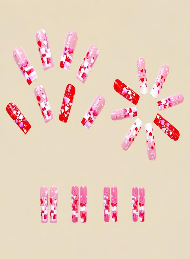 CJDLTS Valentine's Press on Nails Long Length Valentine's Acrylic Nails 3D Pink Red Love Heart Design Full Cover Glue on Nails Glossy False Nails Valentines Stick on Nails for Women Holiday Nails - Image 2
